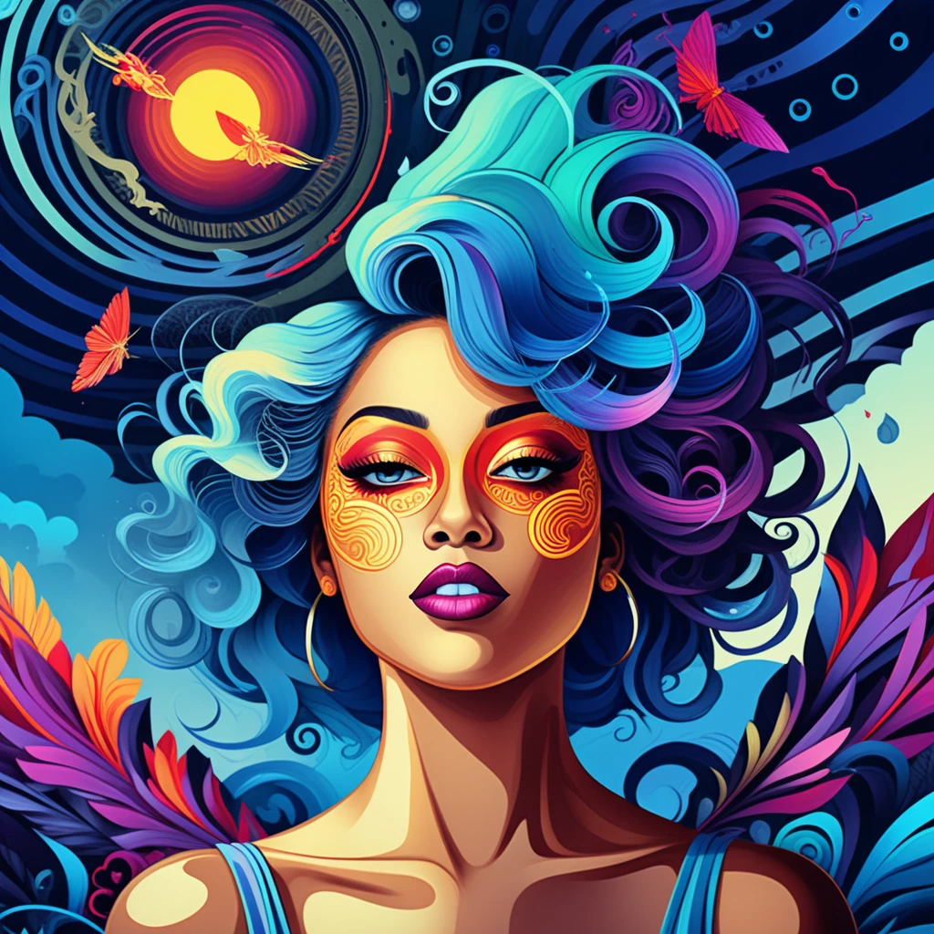 Retrato surreal de mulher vendada com cachos dourados esfumaçados