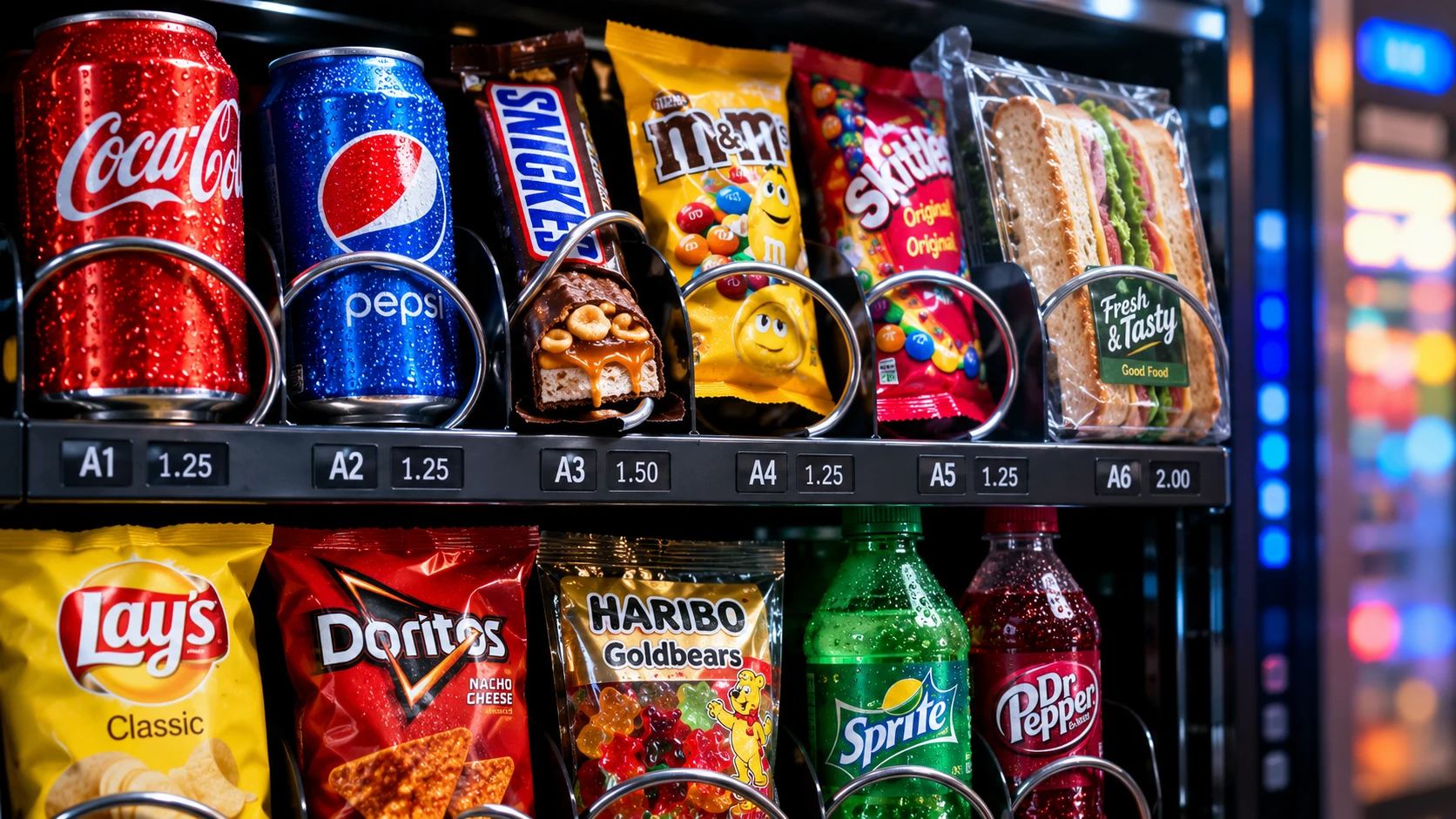 自動販売機の中のお菓子をクローズアップで撮影した画像