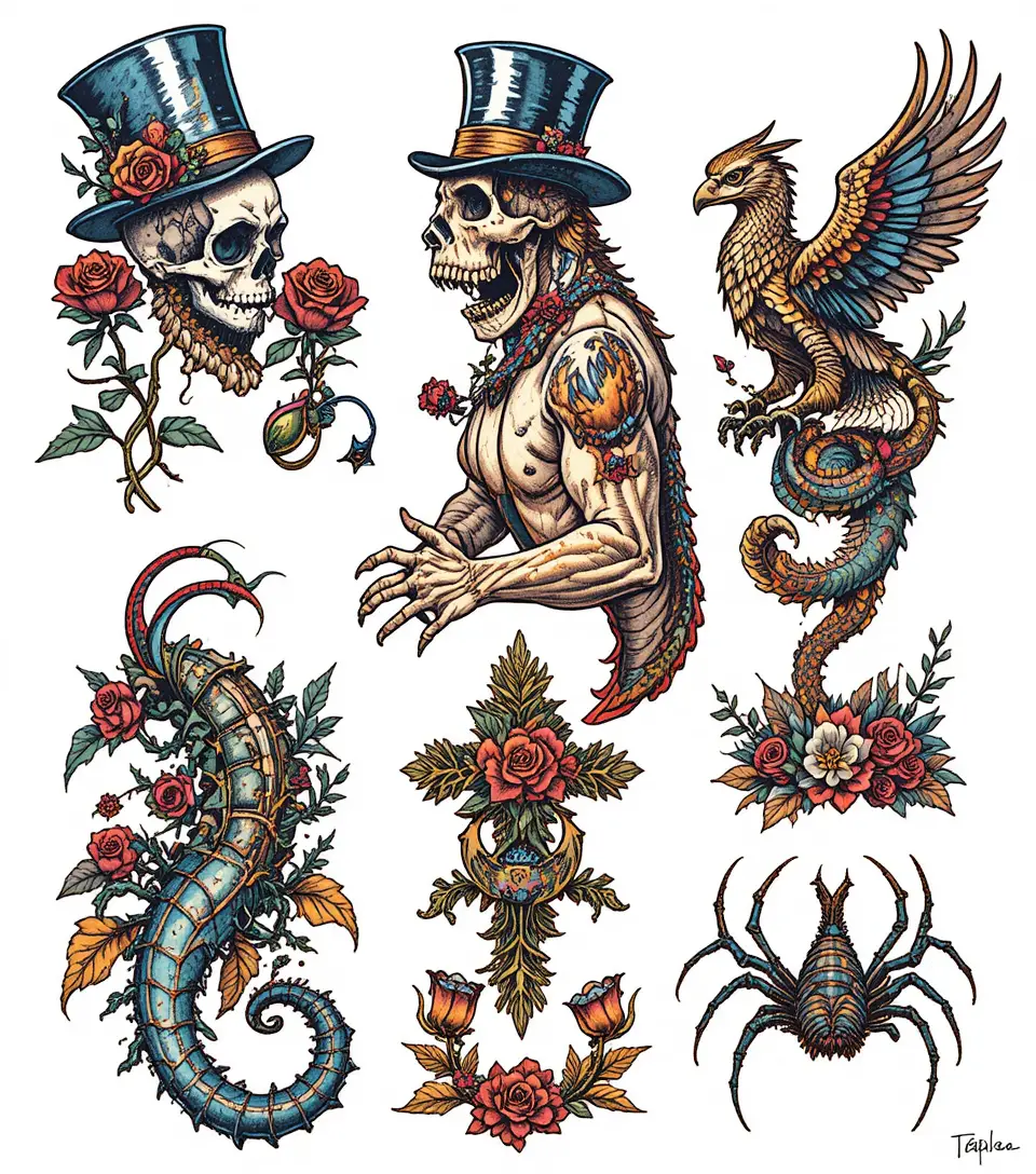 Farbiges Traditional-Tattoo-Flash-Sheet mit markanten ikonischen Motiven