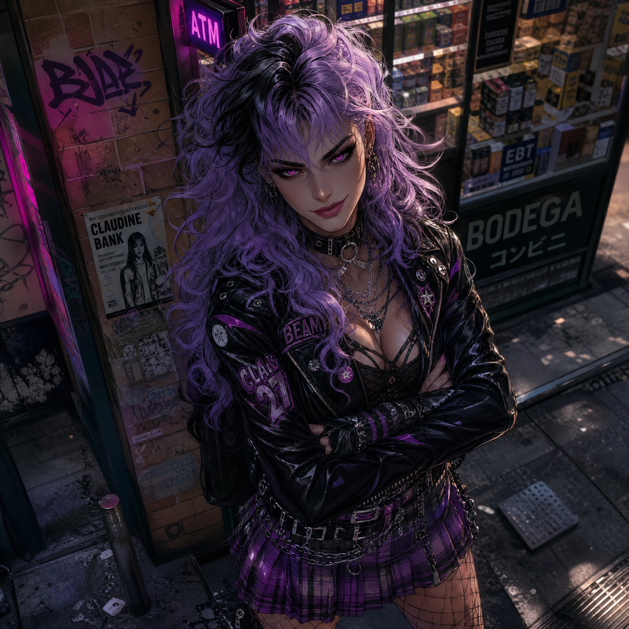 Mulher de anime confiante em moda punk na esquina da cidade