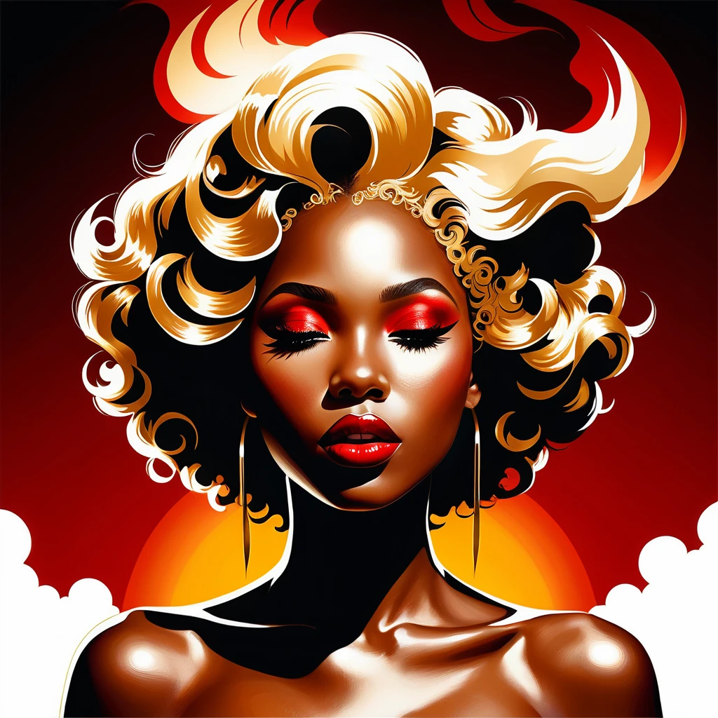 Retrato surreal de mulher vendada com cachos dourados esfumaçados