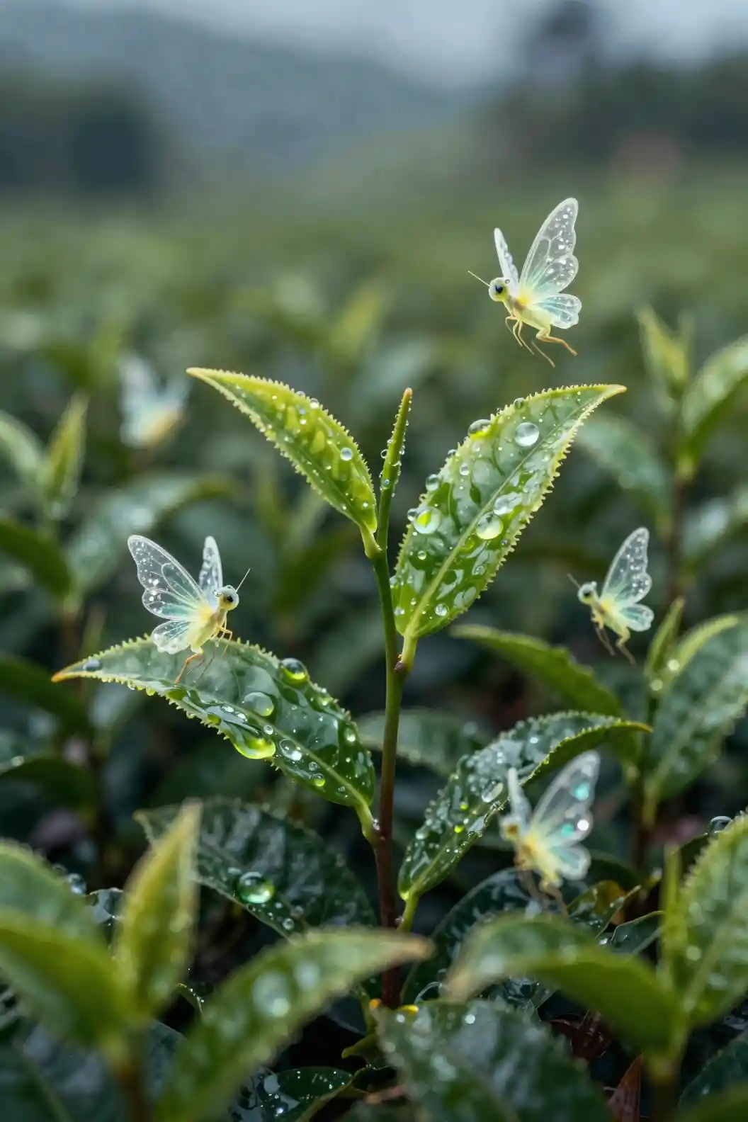 Fantasy tea plantation glowing at twilight with tiny crystal fairies