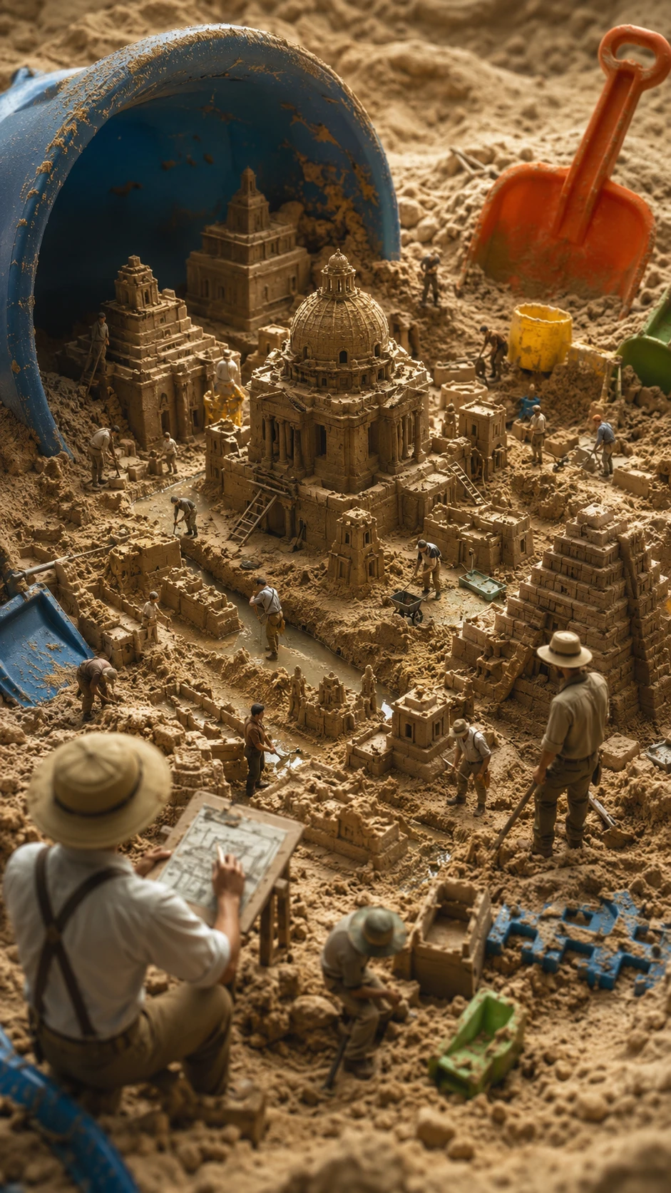 Esploratori in miniatura che costruiscono una città dettagliata in una sabbiera