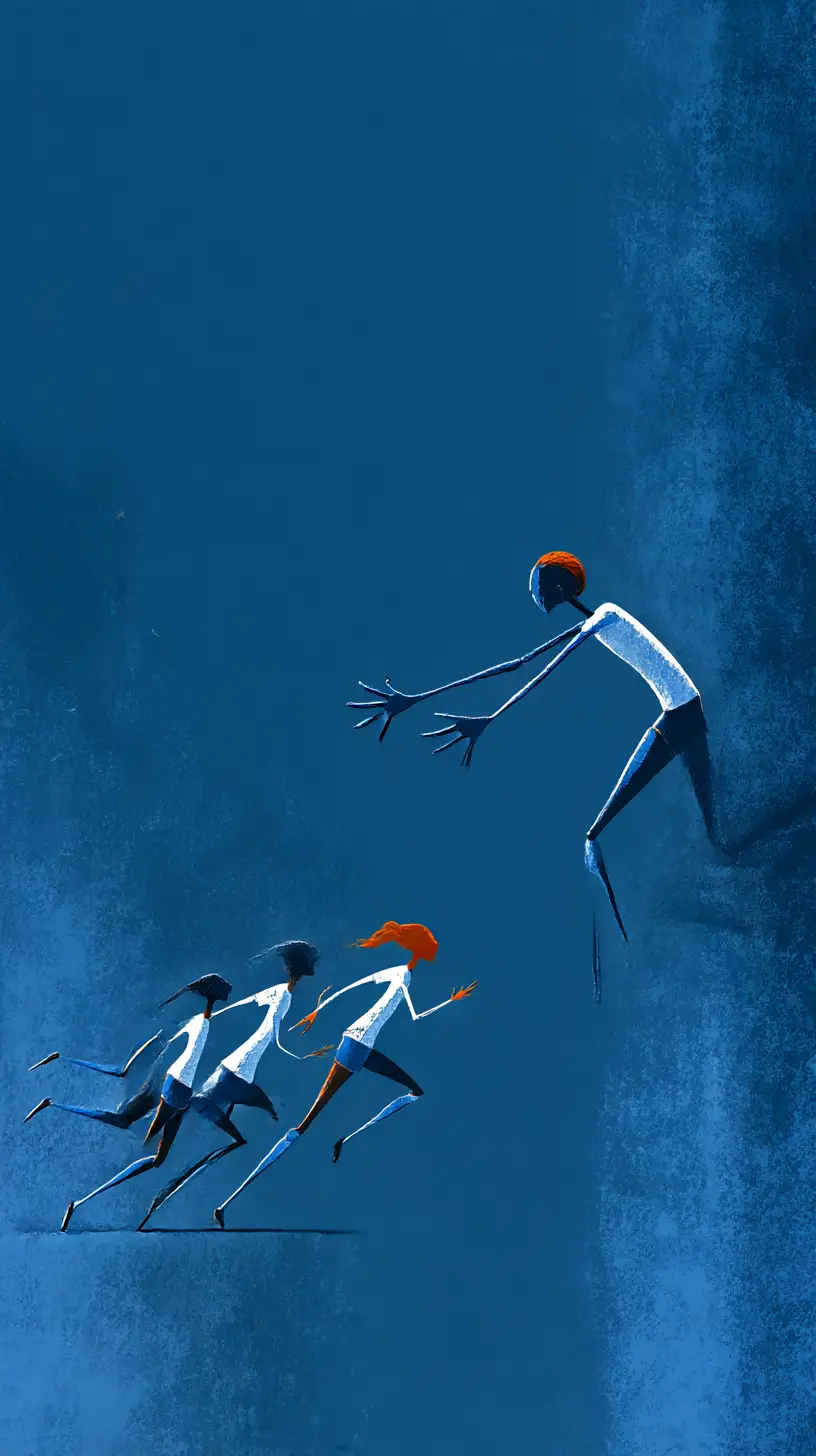 Elongated women soccer players sprinting across teal void