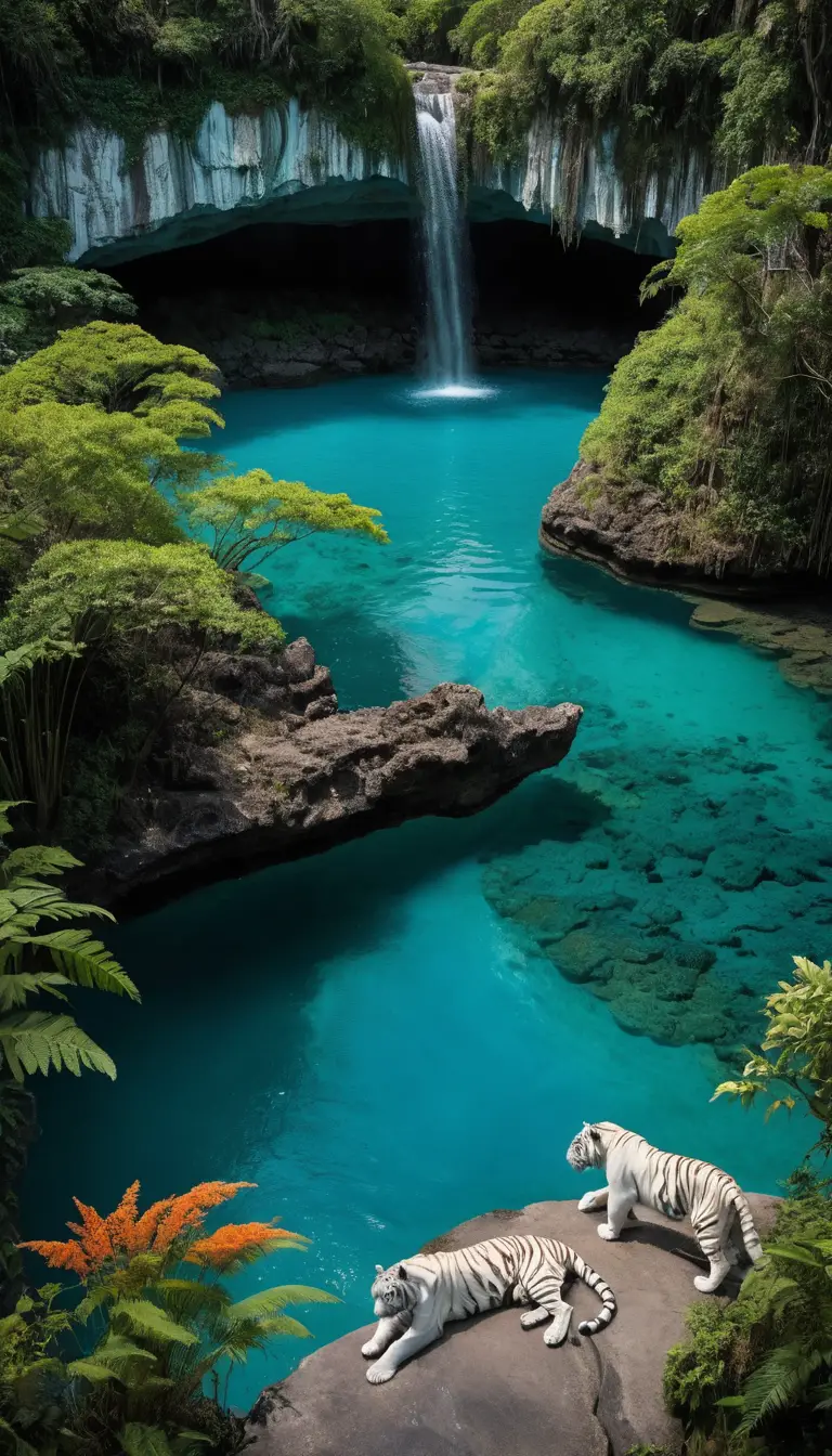White tiger family by turquoise lagoon under mossy rock