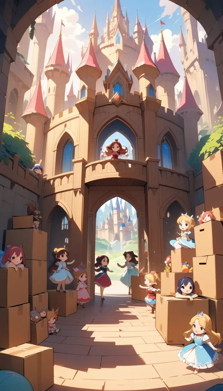 Two happy children playing in a whimsical cardboard castle
