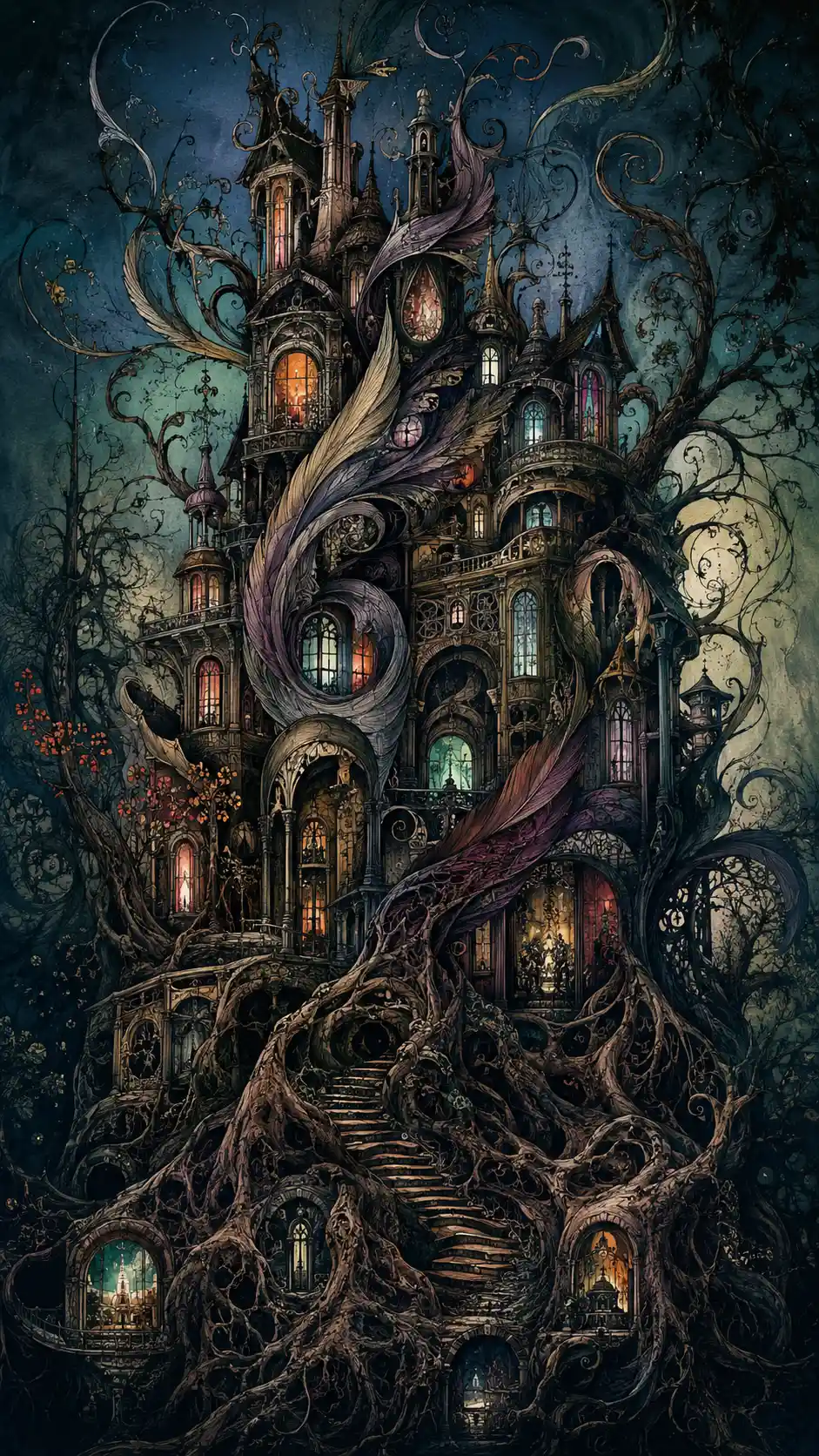Surreal Gothic Manor Entwined With Roots And Organic Forms