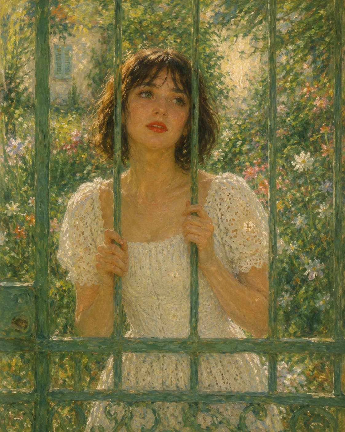 Femme nostalgique derrière un portail de jardin vert dans une lumière douce