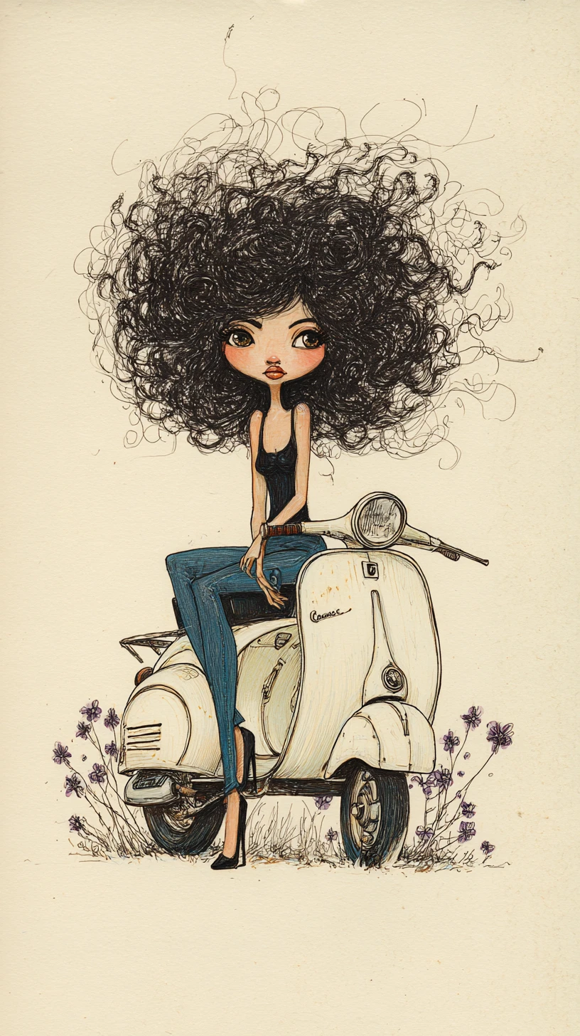 Mulher fantasiosa em scooter vintage – ilustração frontal