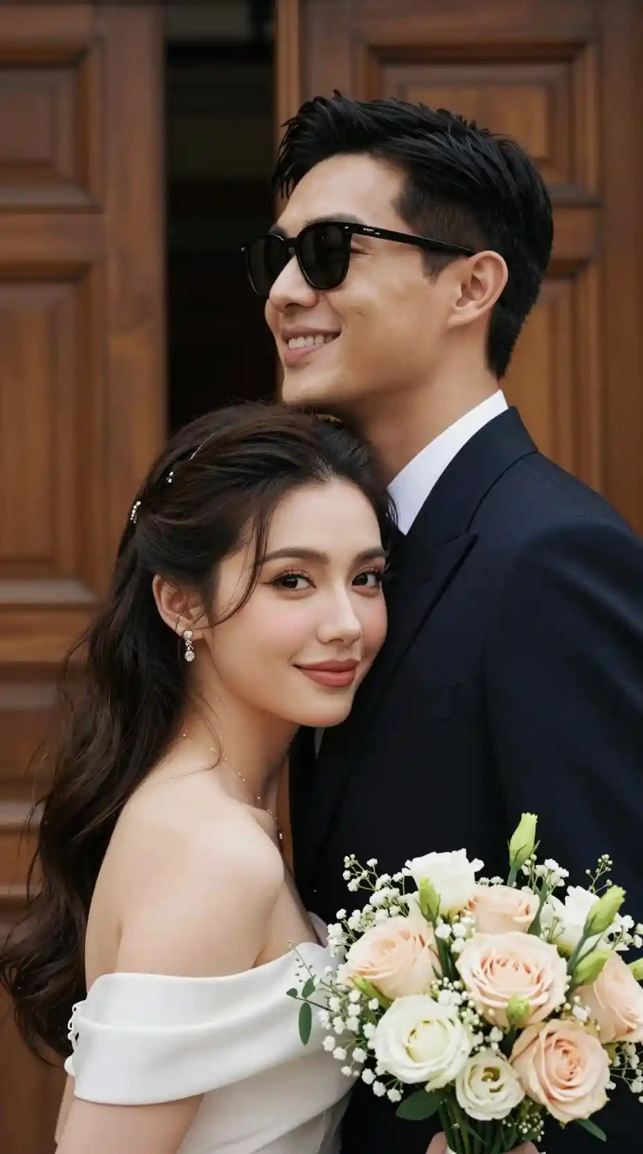 Bride and groom close up portrait with bouquet