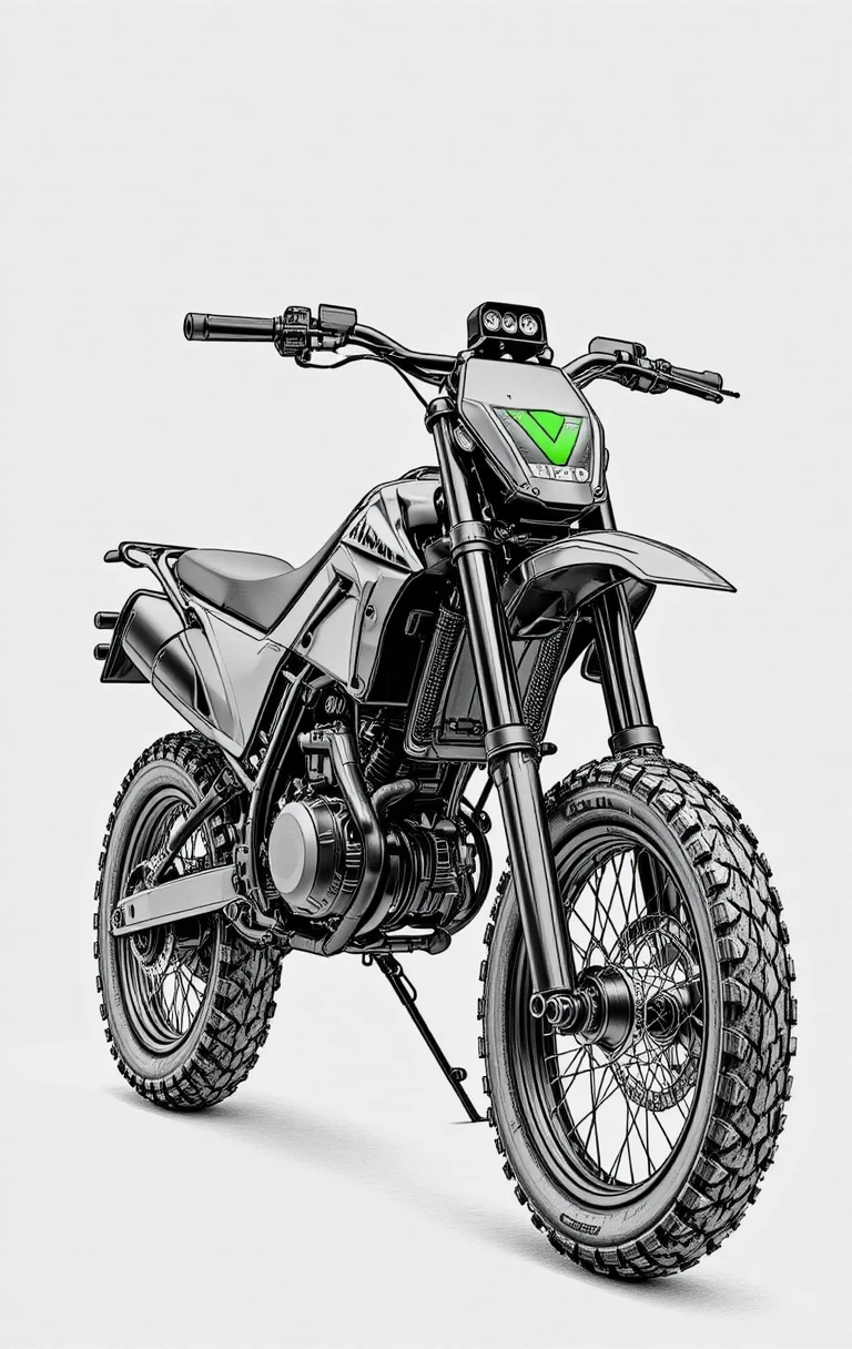 Moto elétrica off‑road preta em estúdio com fundo branco