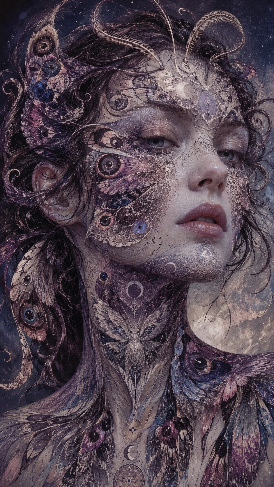 Mulher surreal fundindo-se com asas de mariposa e símbolos abstratos