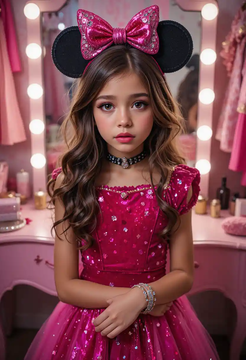 Tween boy in princess costume at pink bedroom vanity