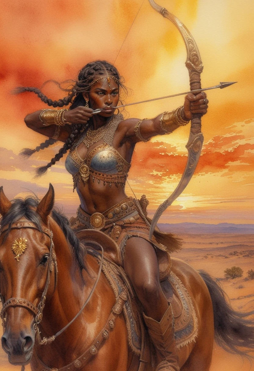 Guerrera de piel oscura a caballo en un desierto al atardecer