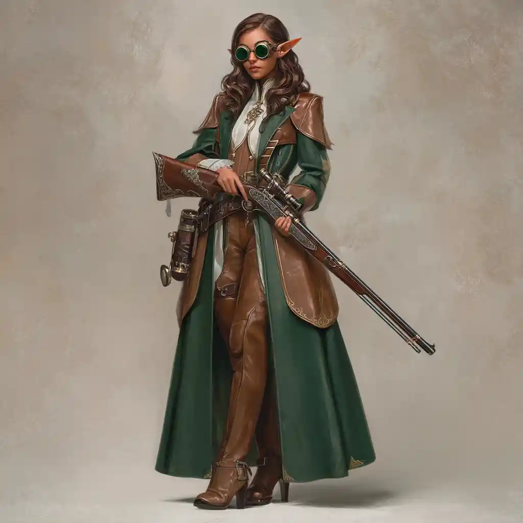 Steampunk elf woman with magical musket and goggles