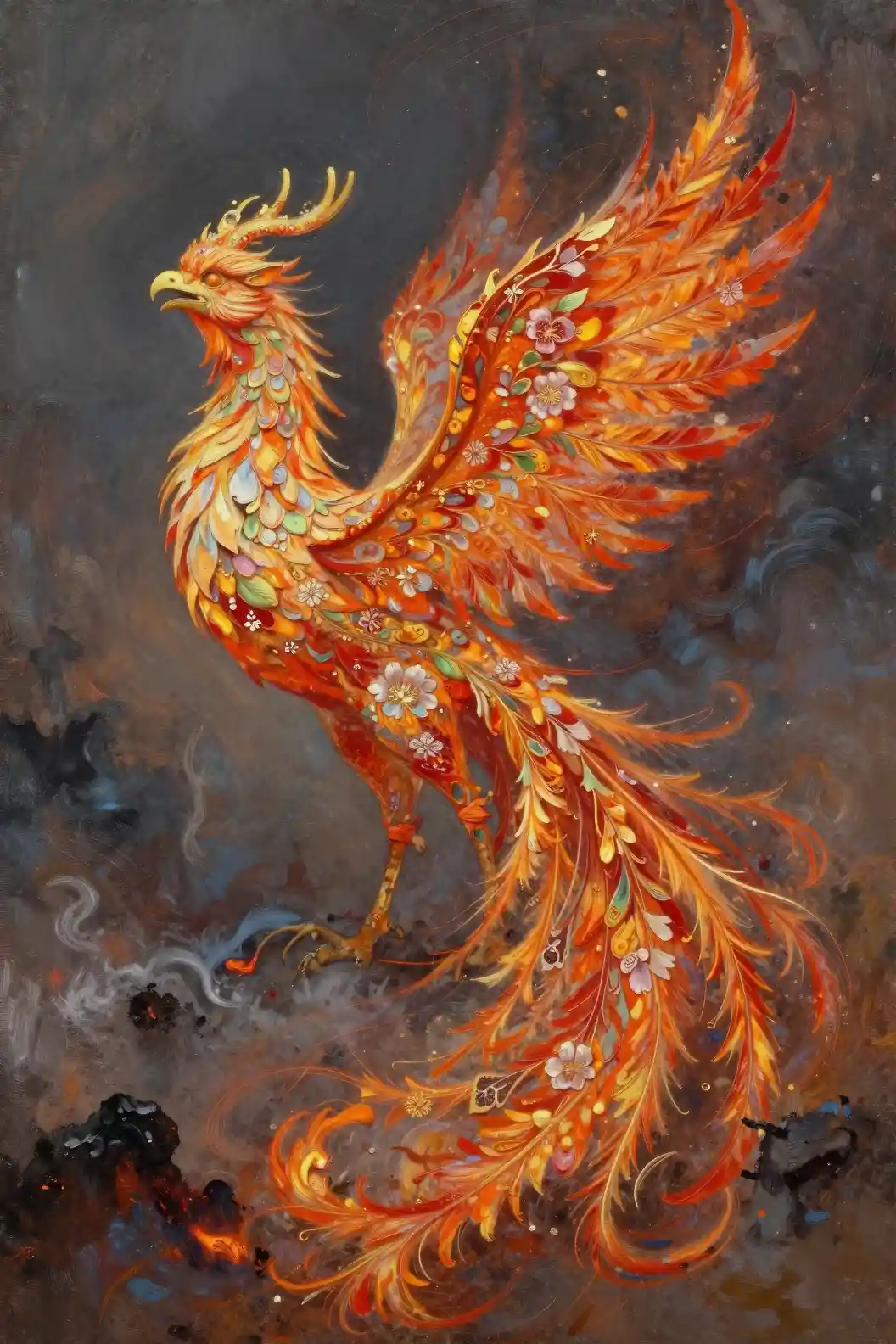 Majestic phoenix rising from floral patterned ashes