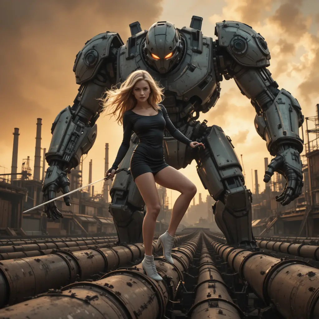 Blonde warrior woman on rusty pipes in industrial city