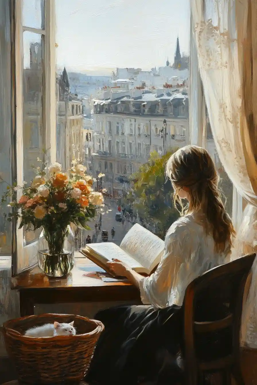 Woman reading at a desk in a calm home interior