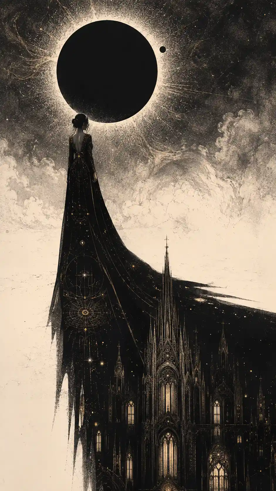 Woman under eclipse with shadow forming gothic cathedral
