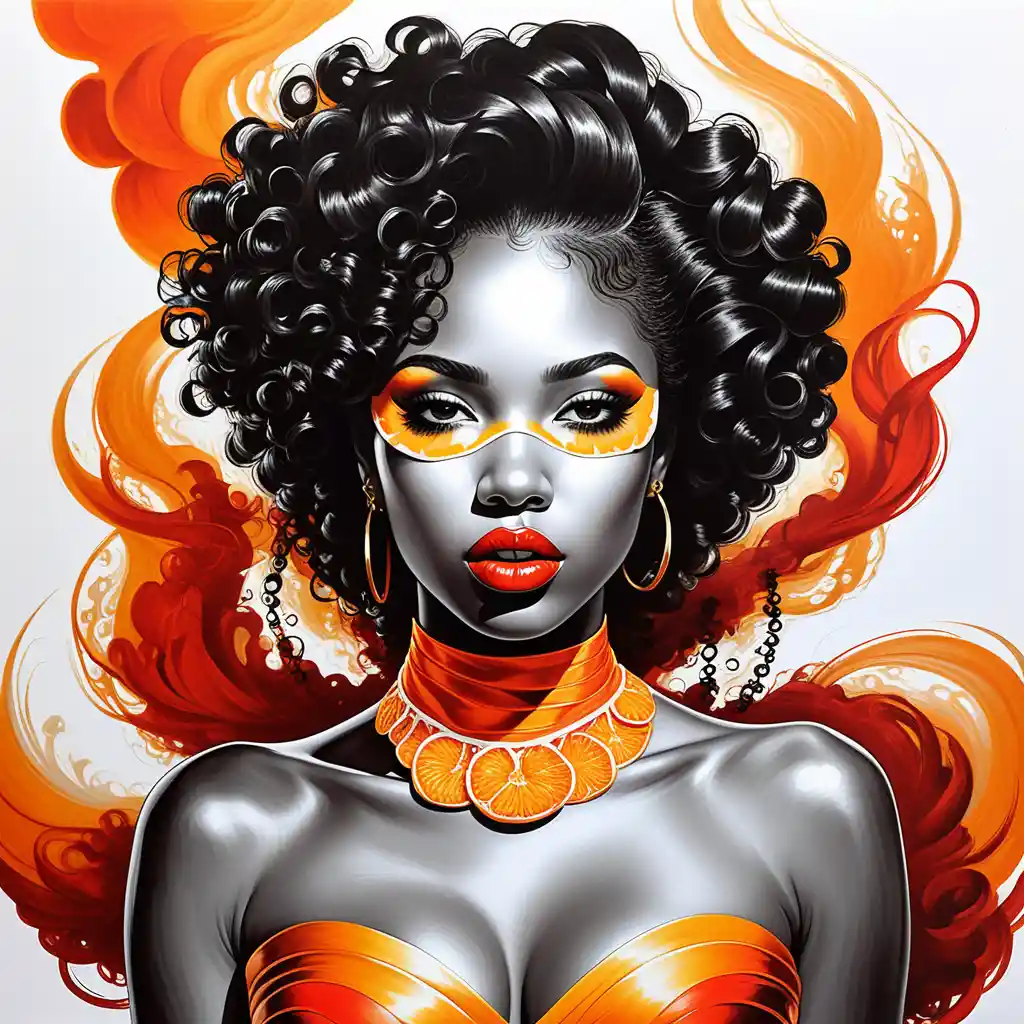 Surreal portrait of blindfolded woman with smoking golden curls