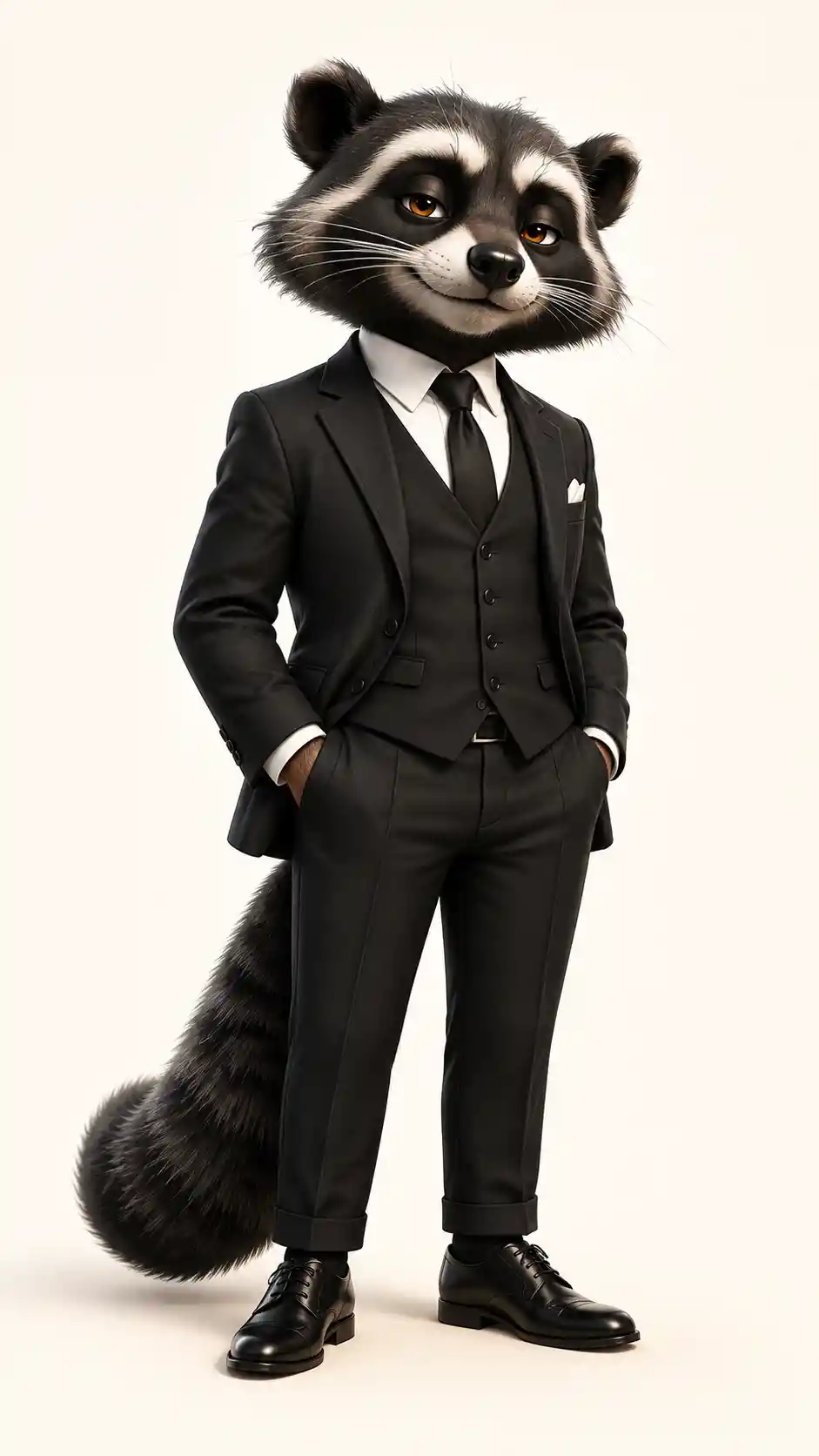 Confident binturong in a black suit on cream background