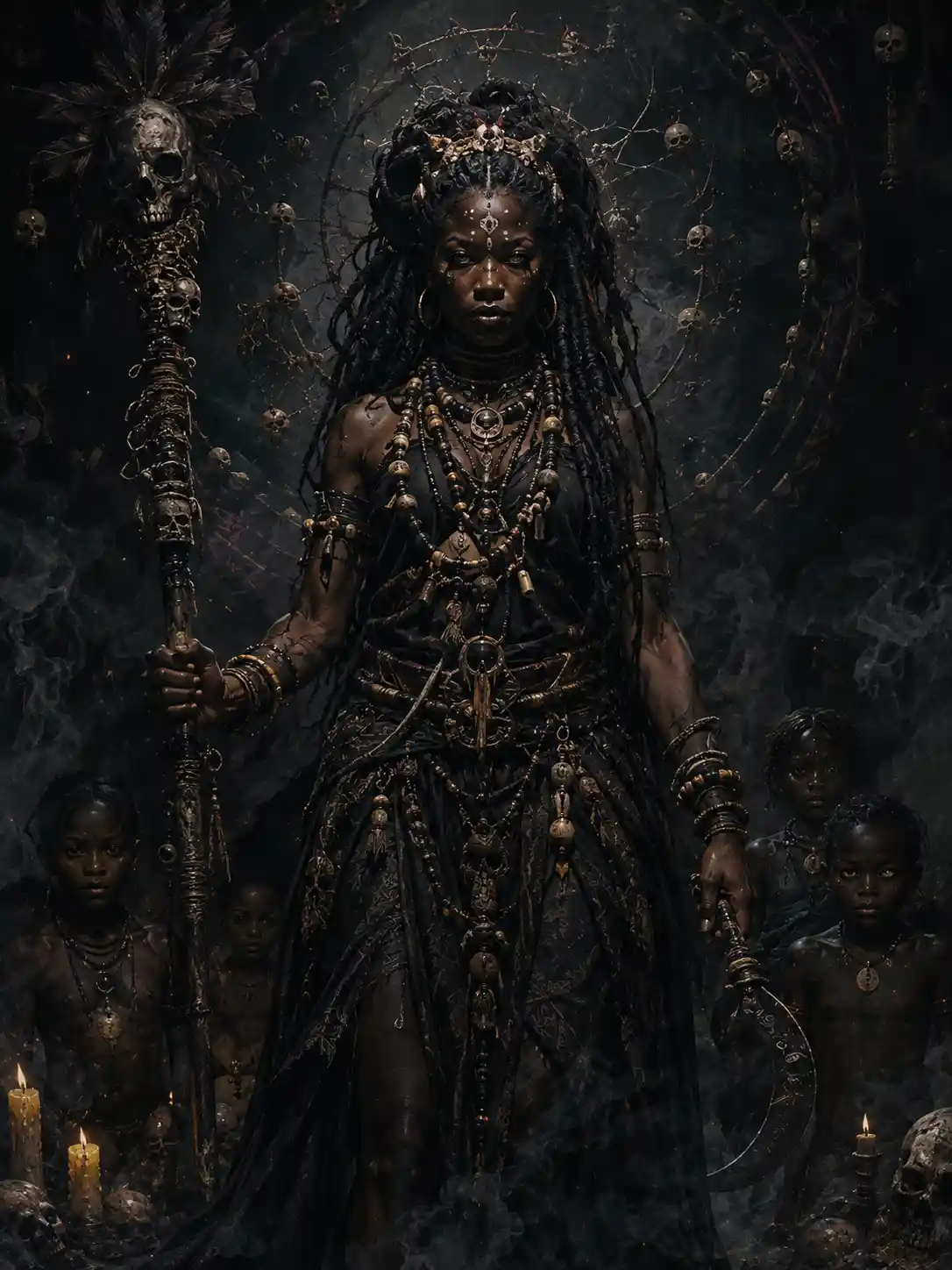 Dark voodoo priestess guardian with terrifying mystical power