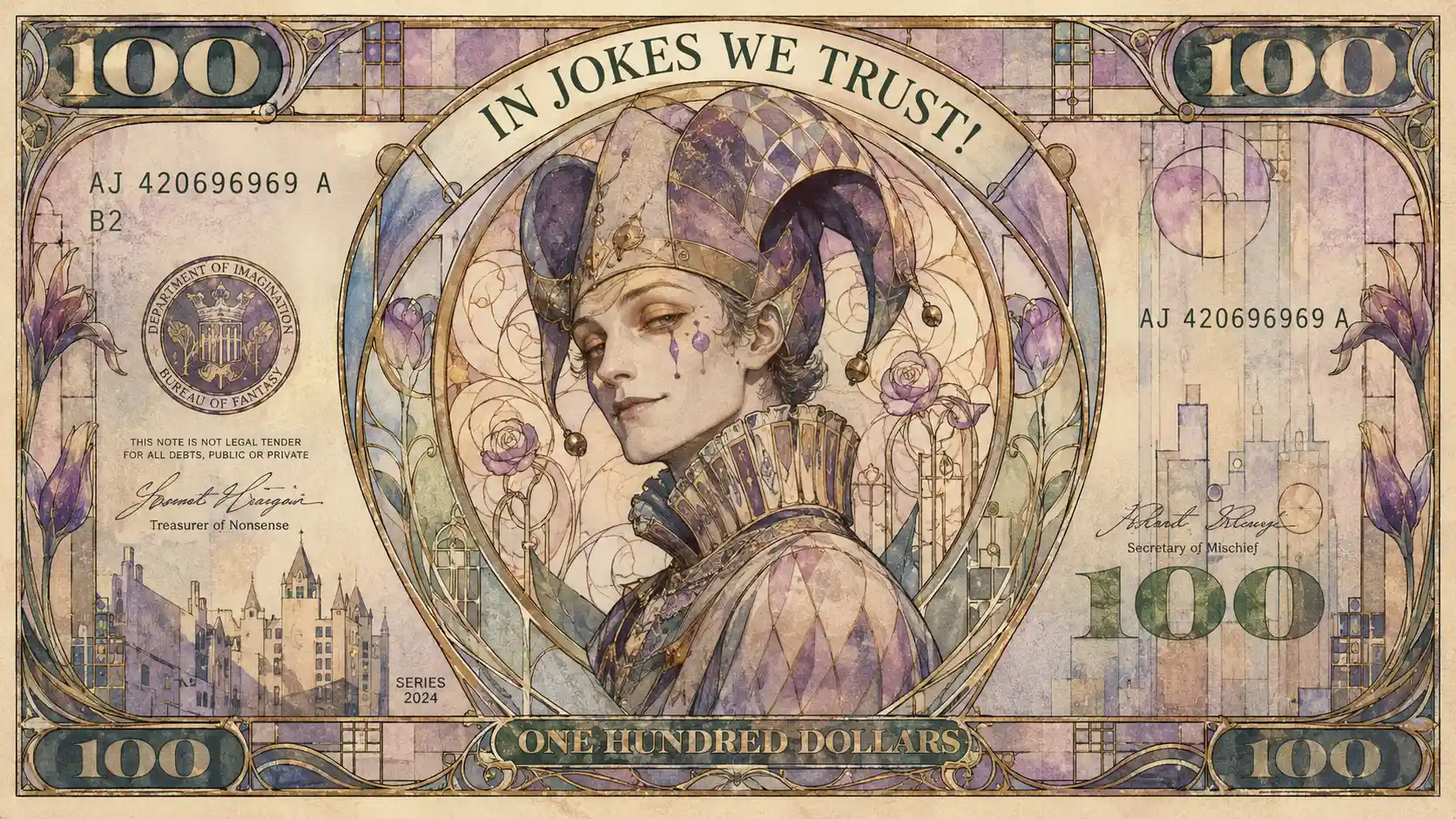 Art nouveau counterfeit hundred dollar bill with fictional portrait