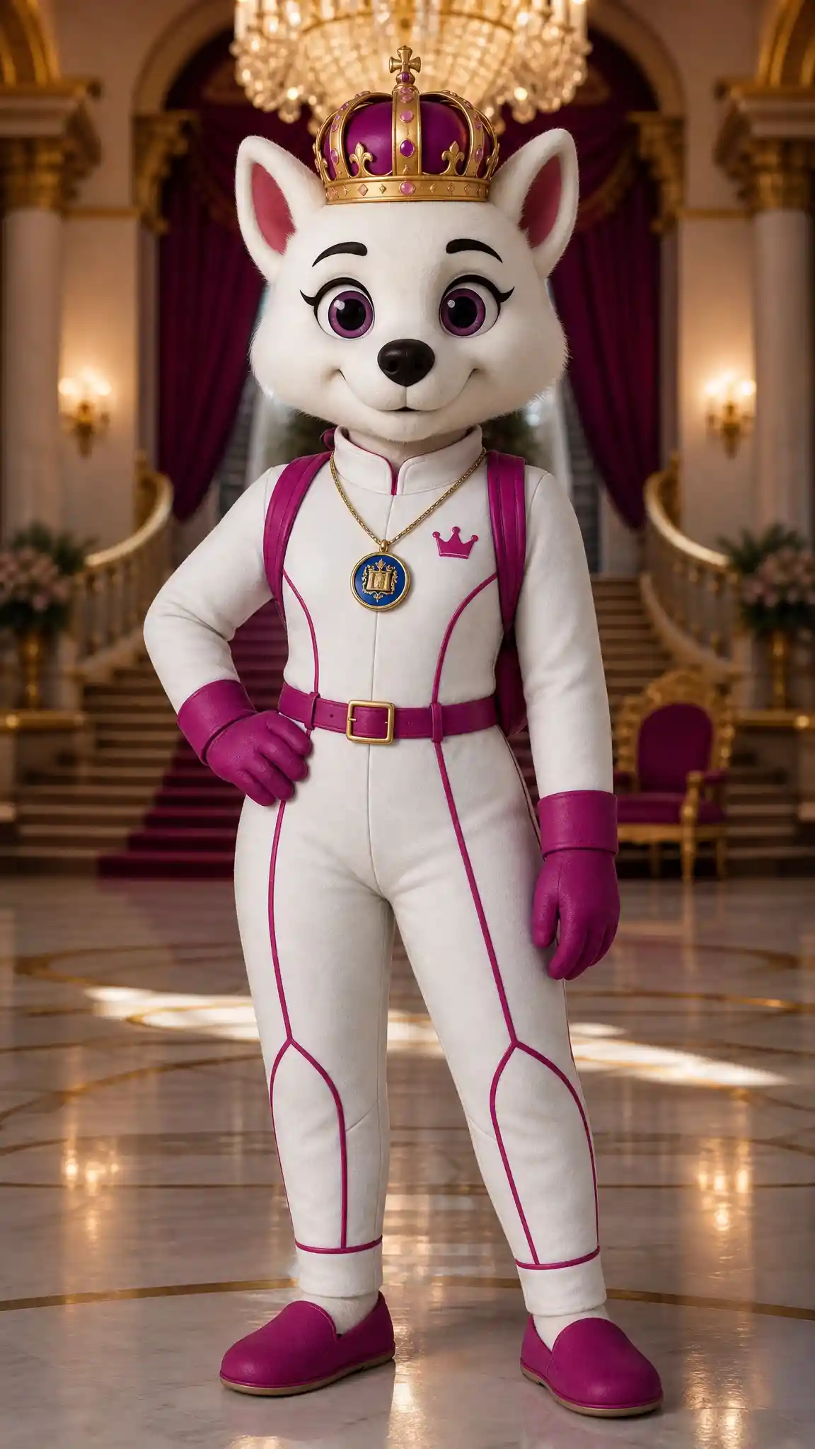 Dog mascot princess standing upright in royal white outfit