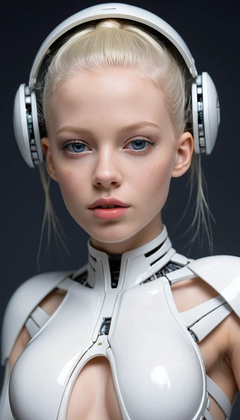 Retrato em close de mulher sci-fi com capacete cibernético