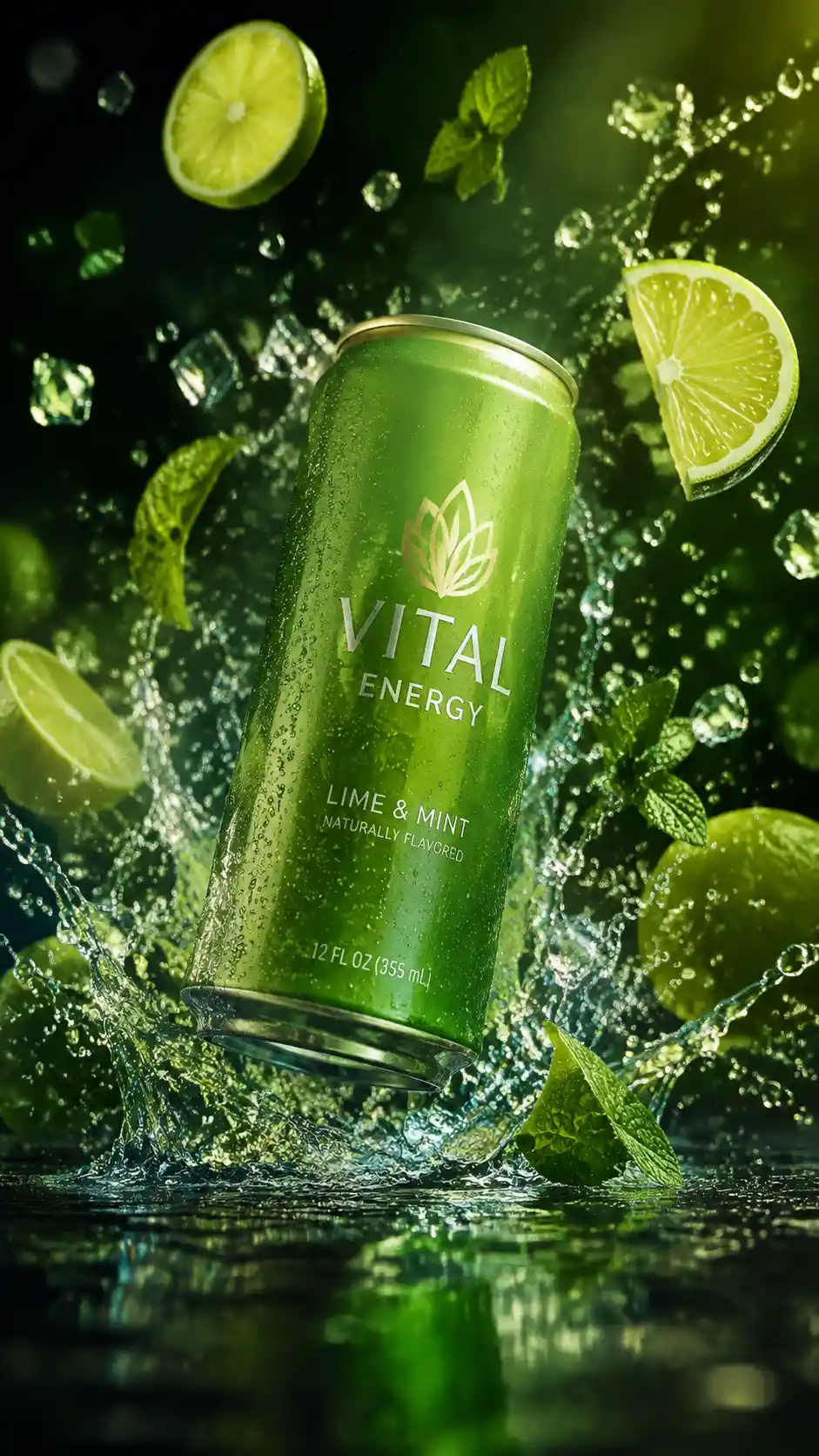 Cinematic beverage product shot with dynamic frozen splashes