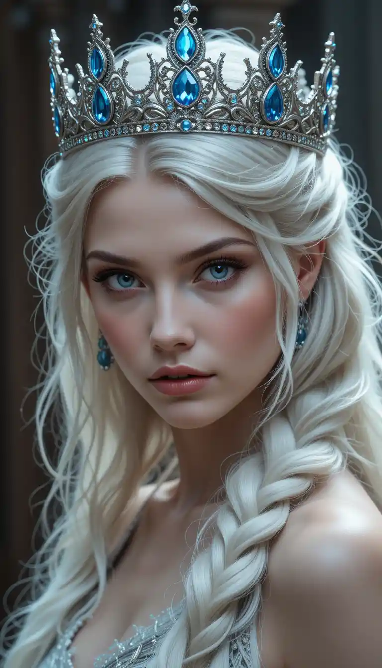 Regal silver haired queen wearing a jeweled silver crown