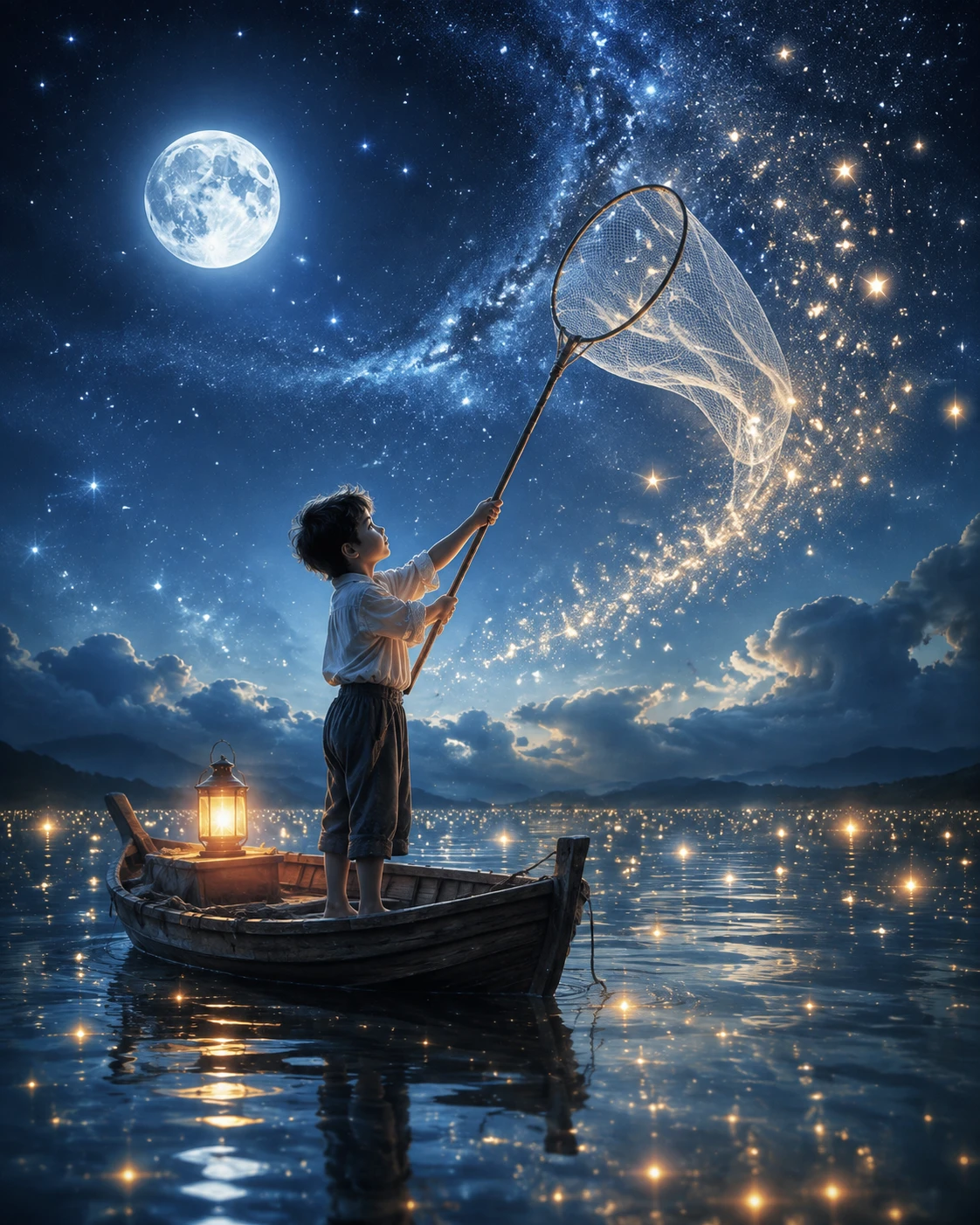Boy in a wooden boat catching stars under full moon
