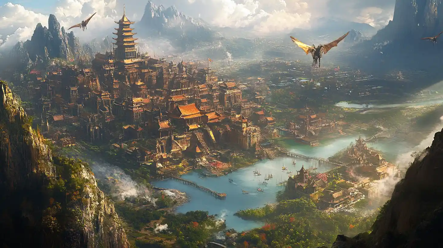Warrior dragons patrolling a vast ancient oriental city