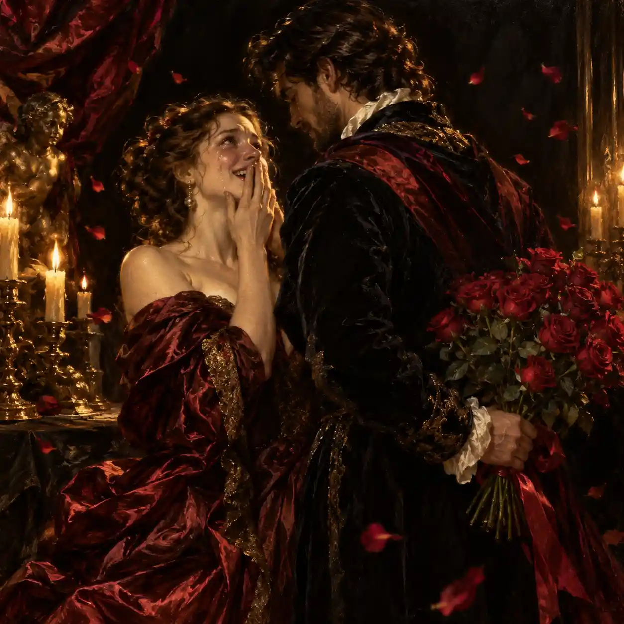 Romantic couple exchanging roses in baroque candlelight