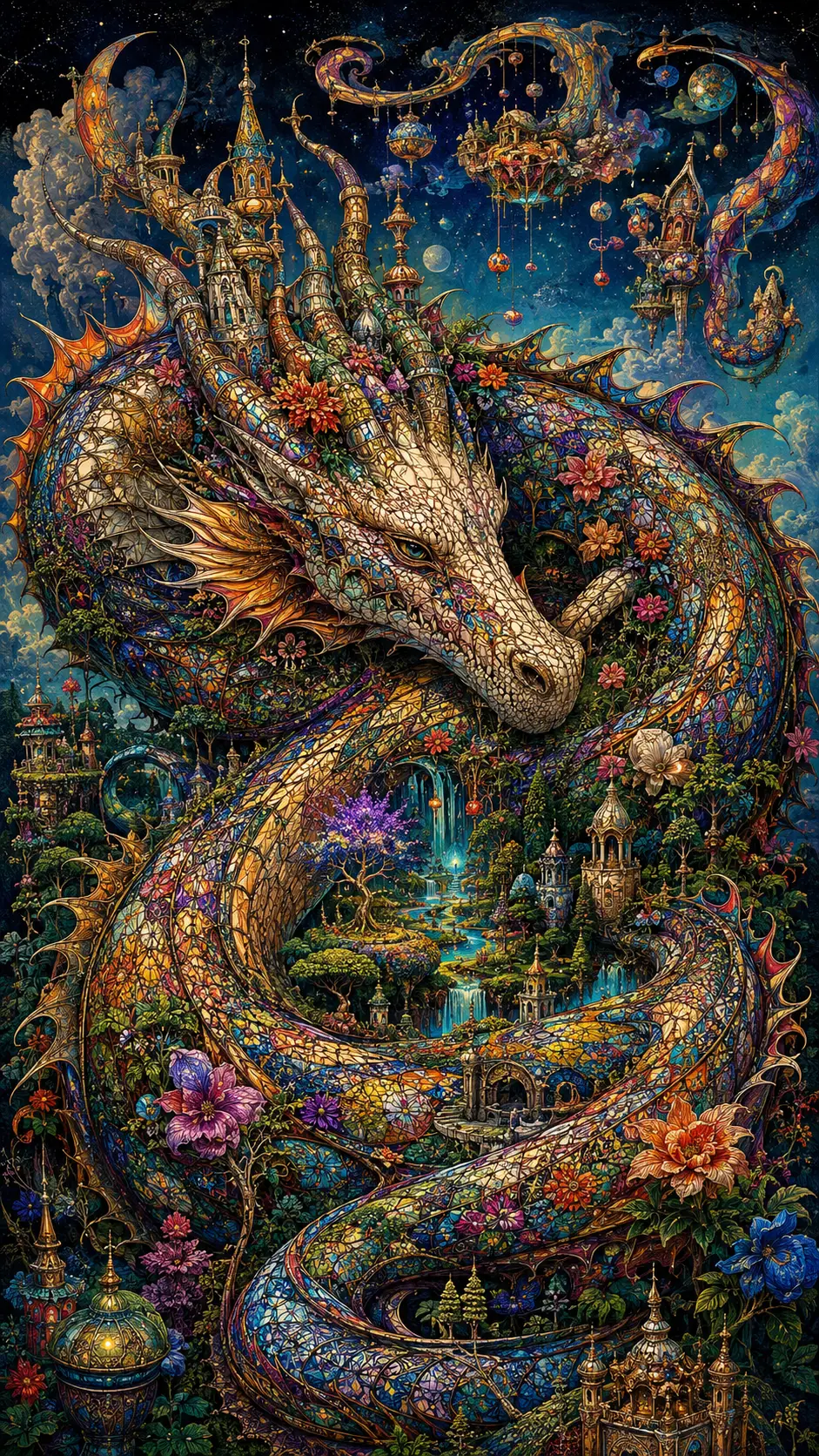 Fantastical dragon curled around an impossible stained glass garden