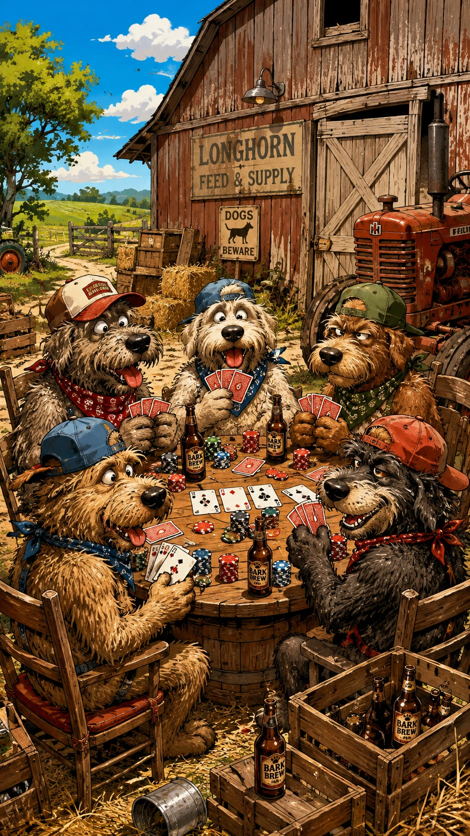 Cães jogando pôquer do lado de fora de um celeiro rústico