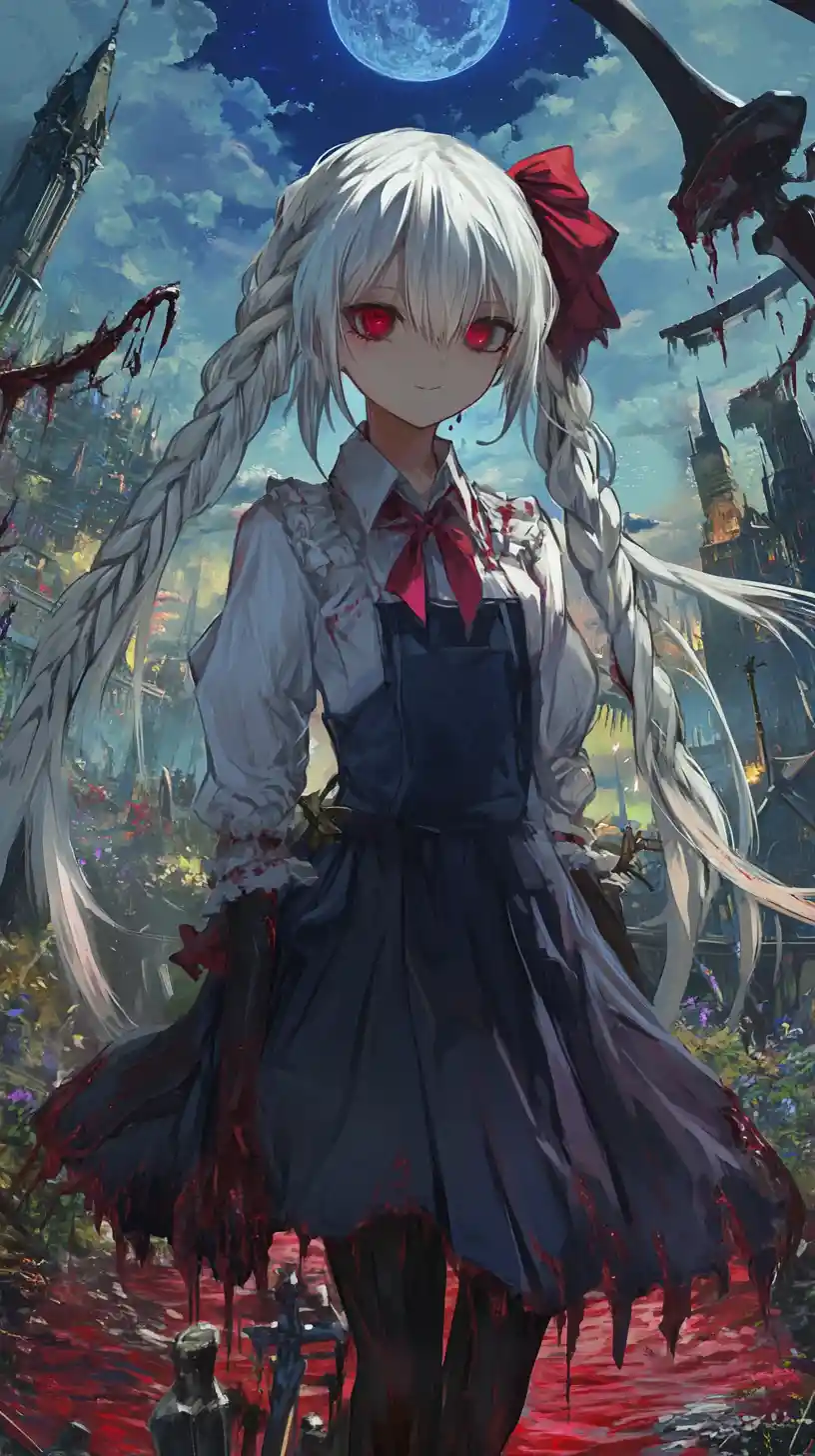 Anime girl in stained clothes with long white braided hair