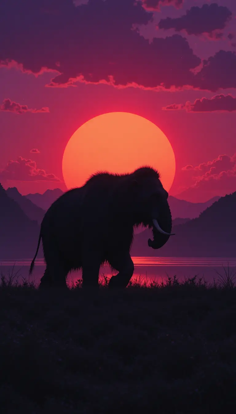 Einsames Mammut überquert eine karge Ebene bei Sonnenuntergang