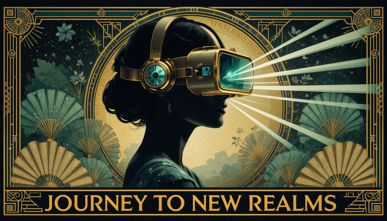 Art Deco flapper silhouette wearing a futuristic VR headset