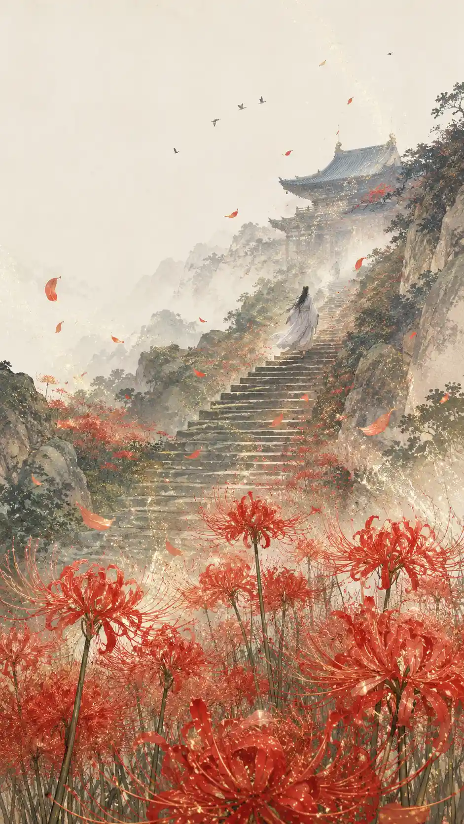 Serene valley of red lilies in soft daylight