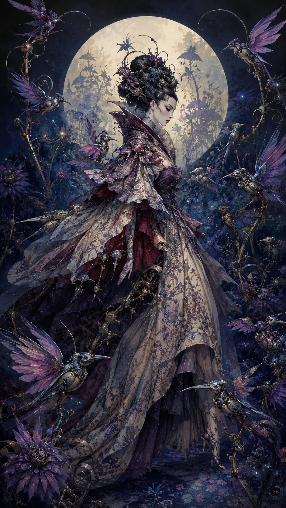 Elegant woman in surreal mechanical bird moonlit garden