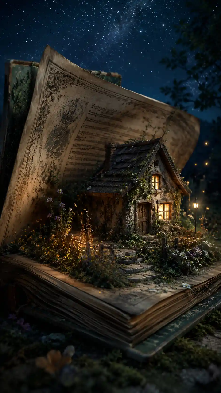 Tiny glowing cottage hidden inside a giant storybook