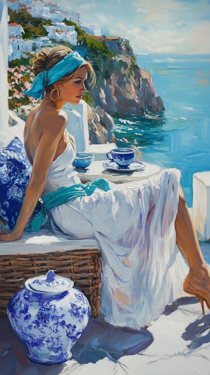Mulher ao sol relaxando em um terraço com vista para o mar Mediterrâneo