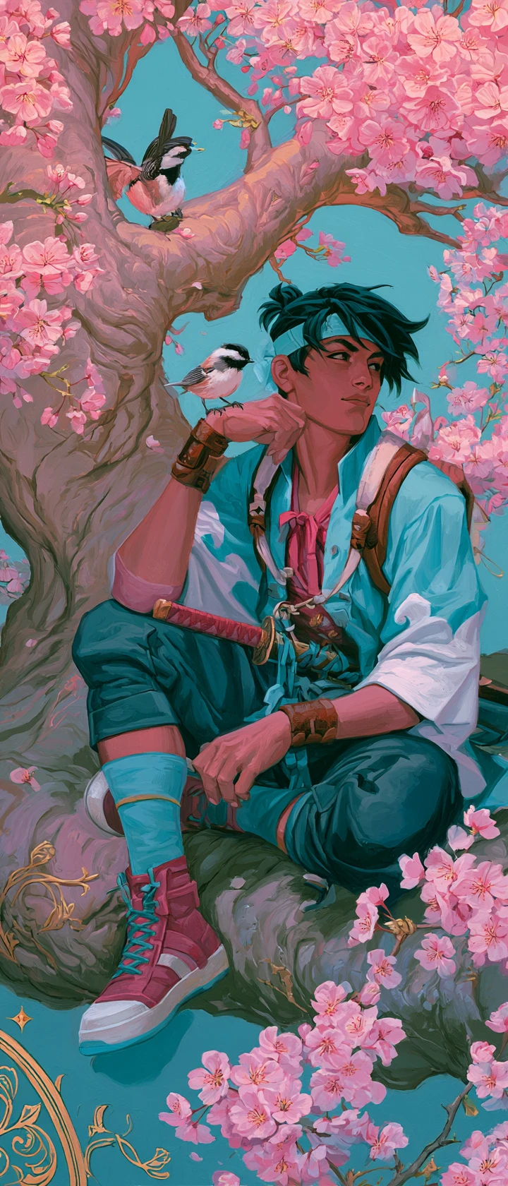 Samurai de anime descansando sob uma árvore florida com pássaros