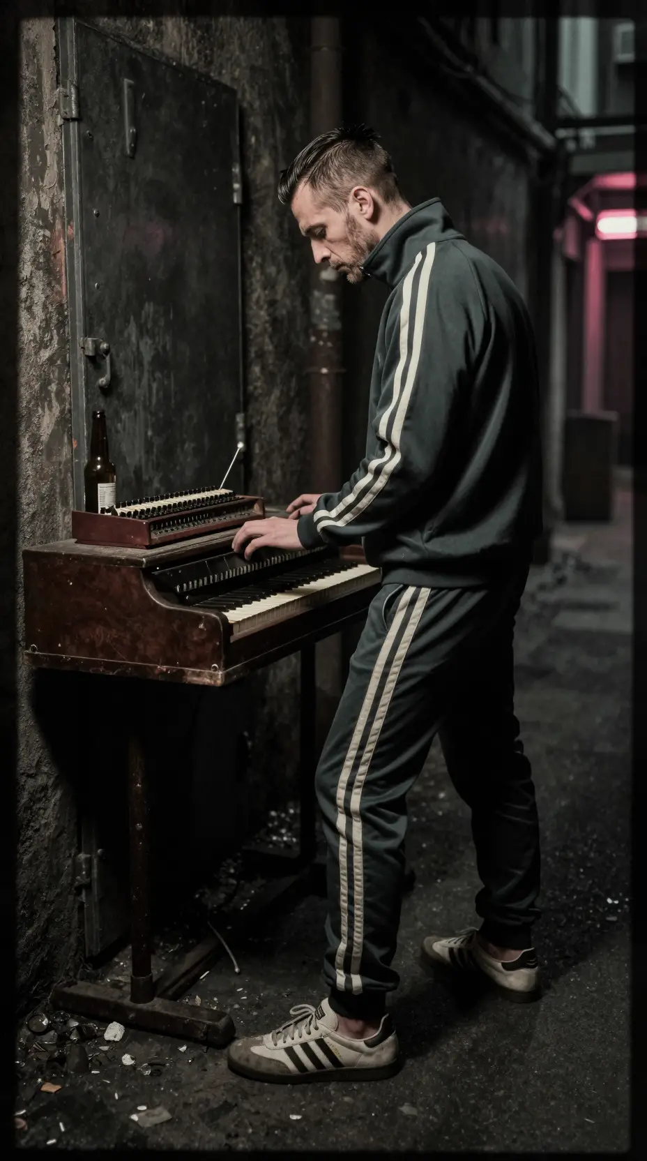 Man playing harpsichord and theremin in neon lit alley