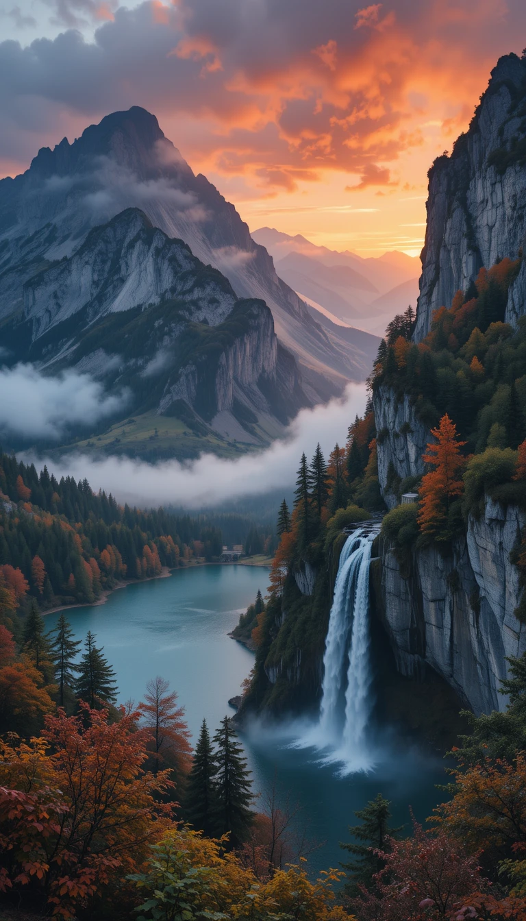 Lac de montagne au coucher du soleil sous de hauts sommets escarpés