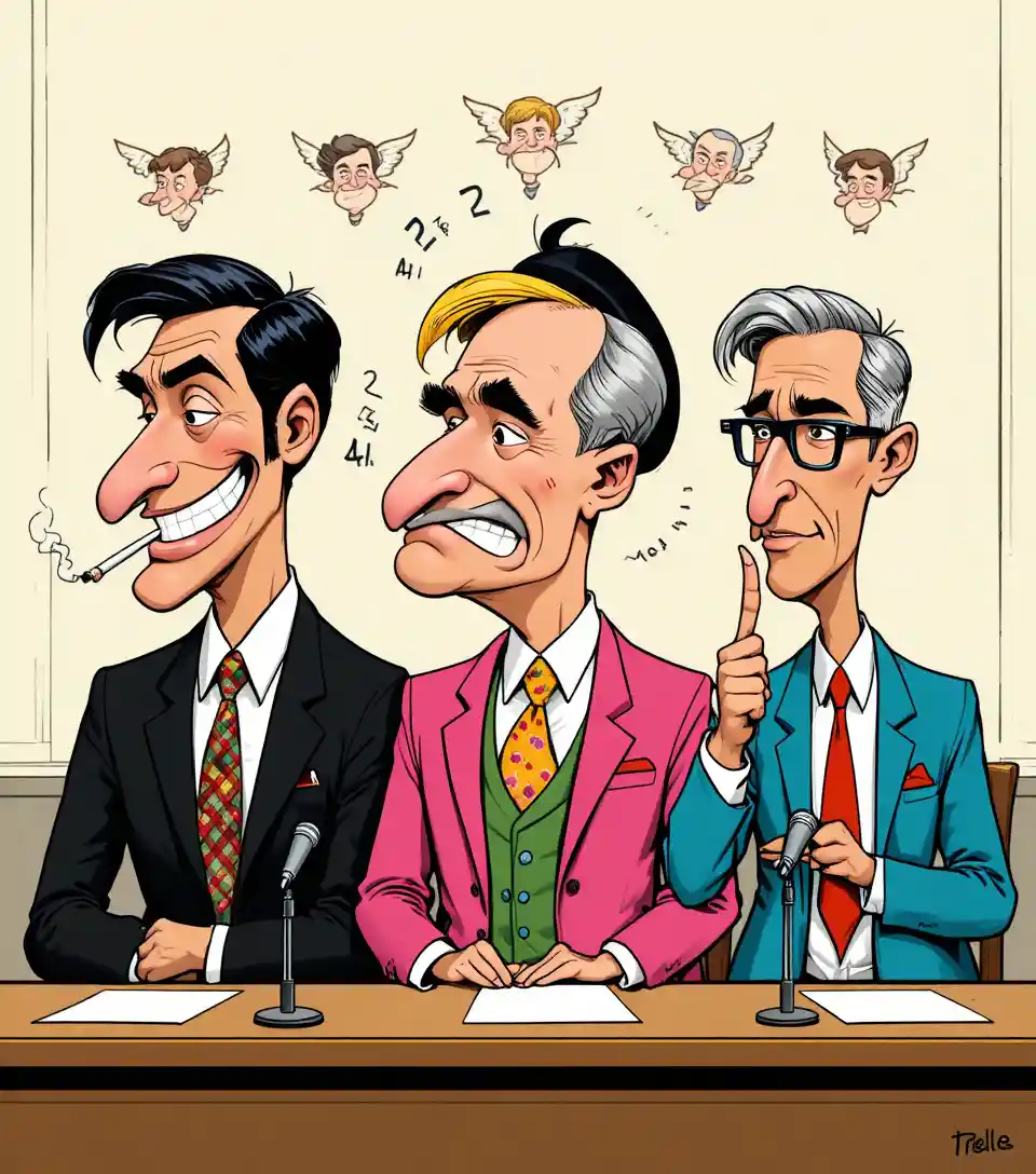 Cartoon line up of four caricatured men in suits