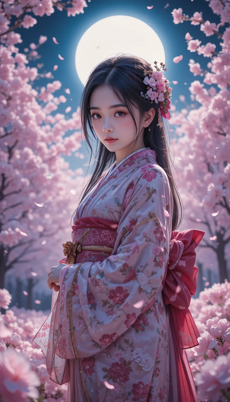 Elegant Japanese girl in kimono under night cherry blossoms