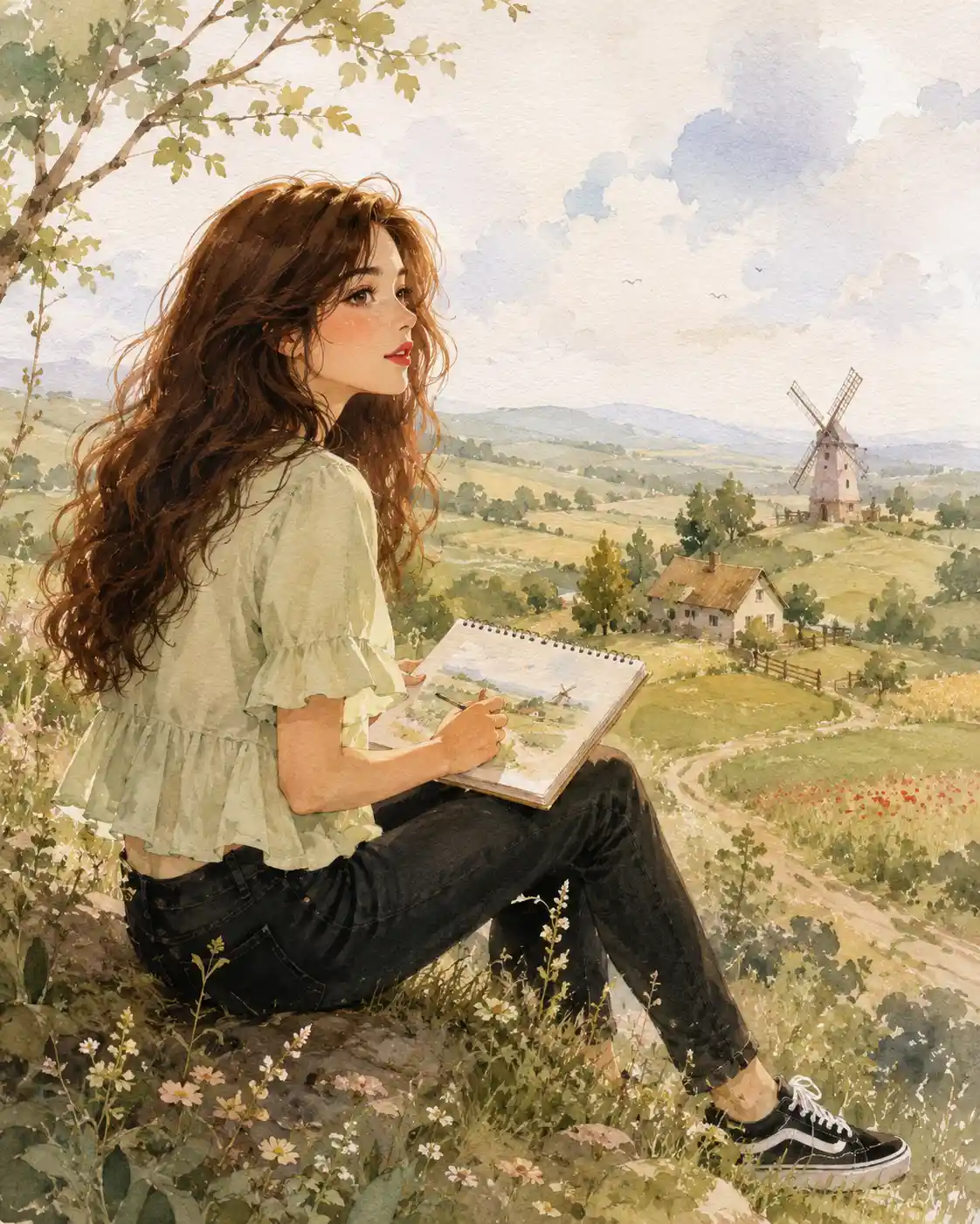 Girl sketching in a peaceful countryside meadow scene