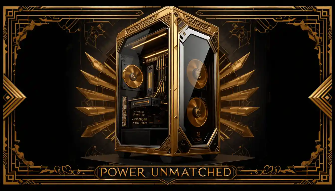 Art deco gaming computer poster with golden geometric rays